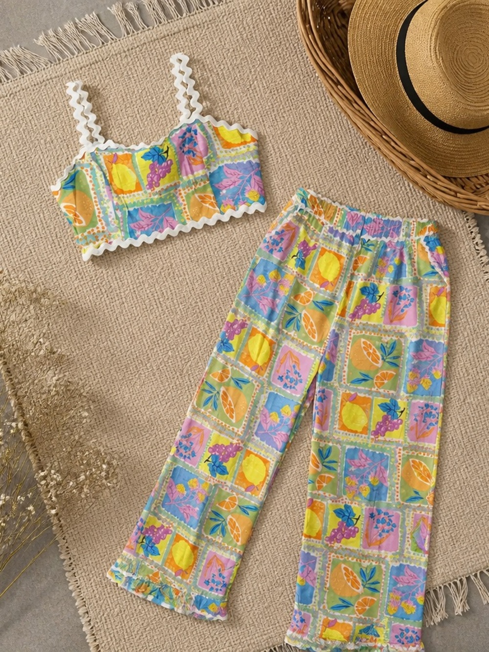 Fore’ Women’s Multicolor Patchwork Print Crop Top & Wide-Leg Pants Set Sz Large - Picture 2 of 8